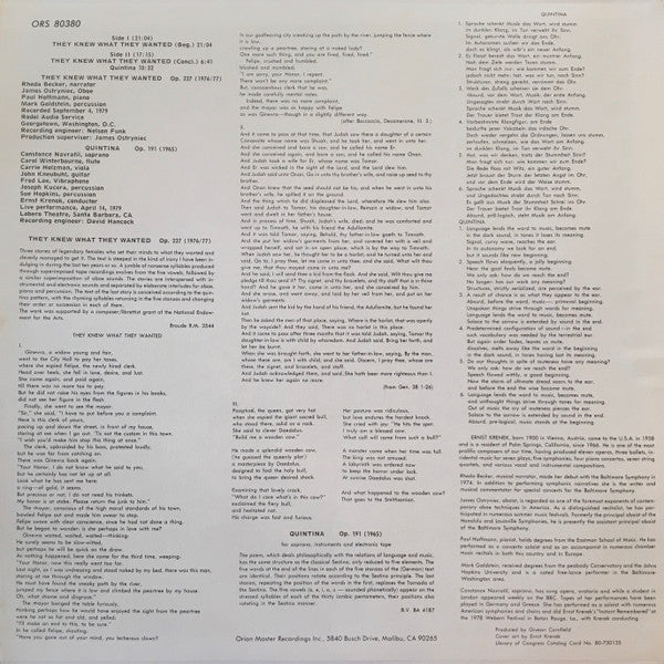 Ernst Krenek, Rheda Becker, Constance Navratil : They Knew What They Wanted, Op. 227 / Quintina, Op. 191 (LP)