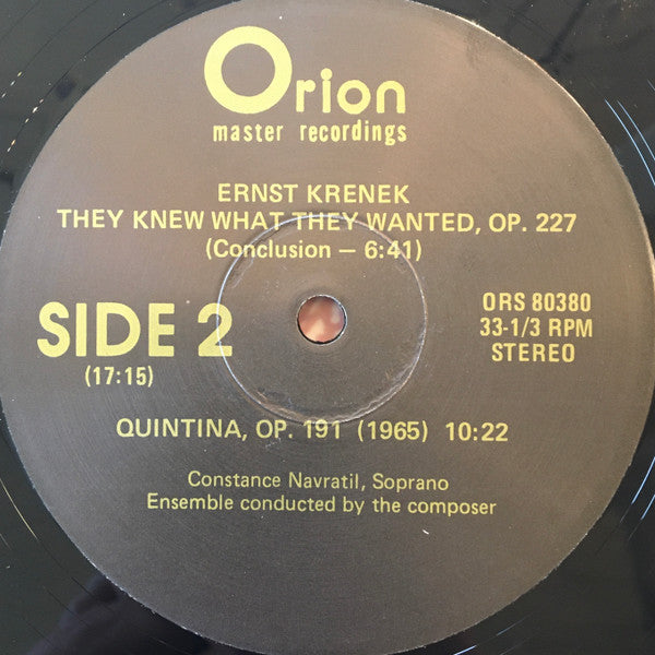 Ernst Krenek, Rheda Becker, Constance Navratil : They Knew What They Wanted, Op. 227 / Quintina, Op. 191 (LP)
