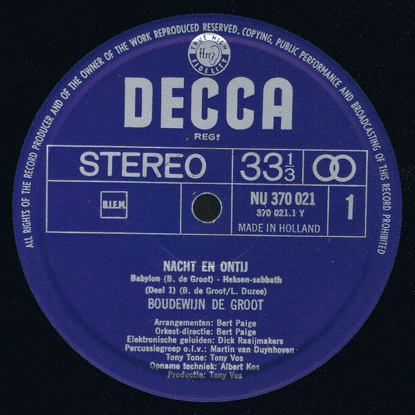Boudewijn de Groot : Nacht En Ontij (LP, Album, RP, Gat)