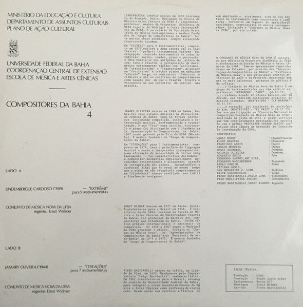 Lindembergue Cardoso, Jamary Oliveira, Conjunto De Musica Nova da UFBa, Ernst Widmer : Compositores Da Bahia 4 (LP, Album)