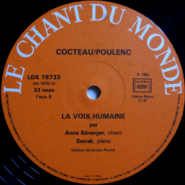 Jean Cocteau / Francis Poulenc : La Voix Humaine (LP, Album)