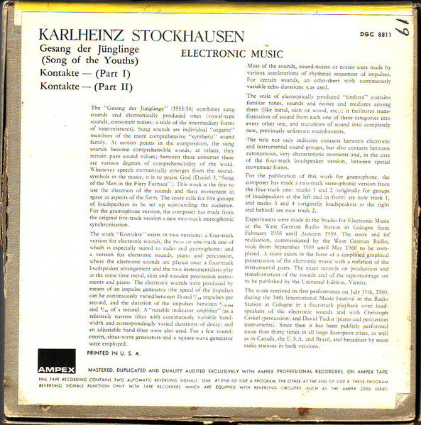 Karlheinz Stockhausen : Gesang Der Jünglinge - Kontakte (Song Of The Youths) (Reel, 4tr Stereo, 7" Reel)