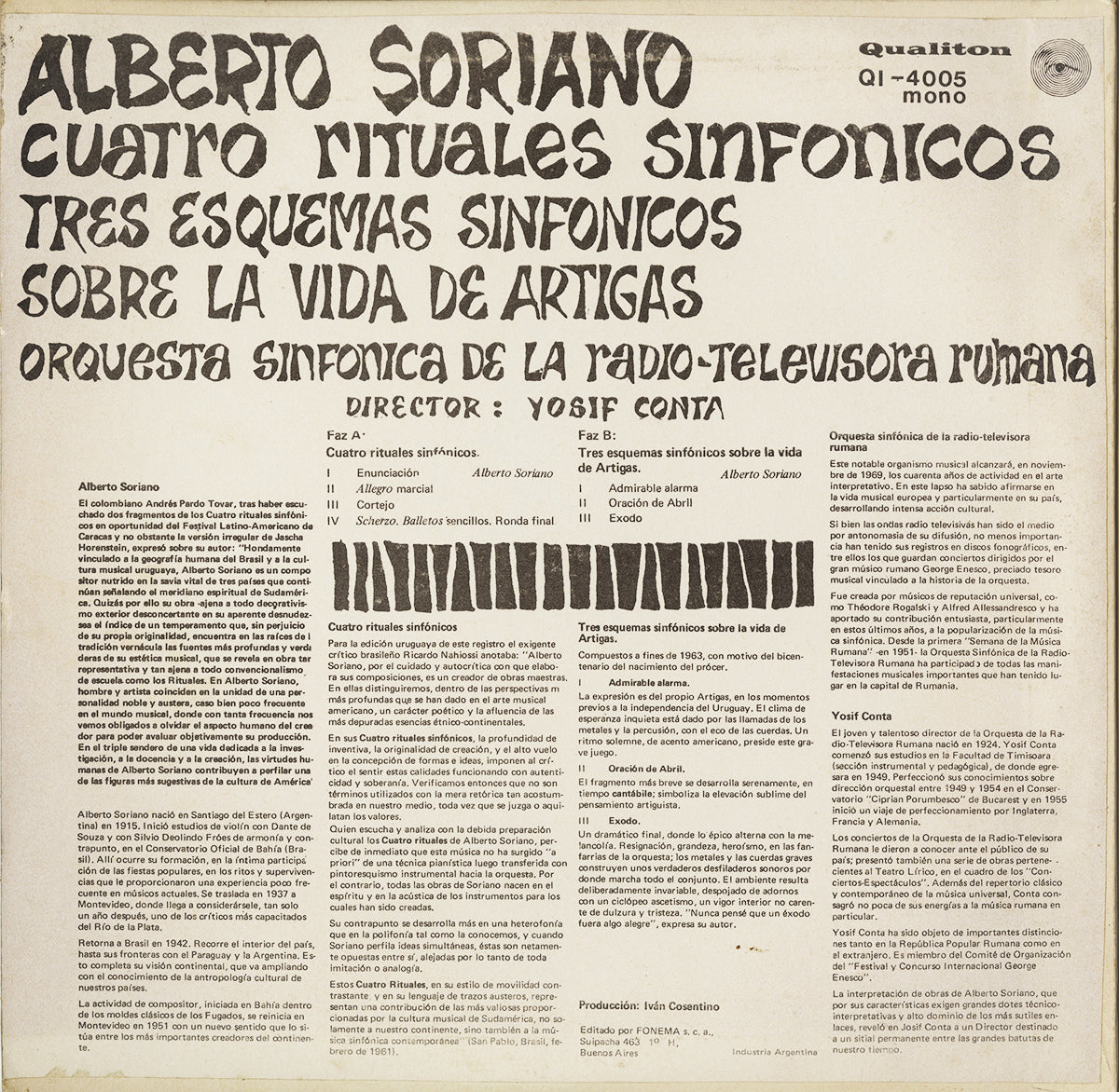 Alberto Soriano; Cuatro Rituales Sinfonicos, Tres Esquemas Sinfonicos Sobre la Vida de Artigas (LP)