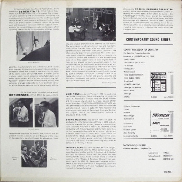 Luigi Nono / Bruno Maderna / Luciano Berio : Polifonica-Monodia-Ritmica  /  Serenata #2  /  Differences (LP, RE, Gat)