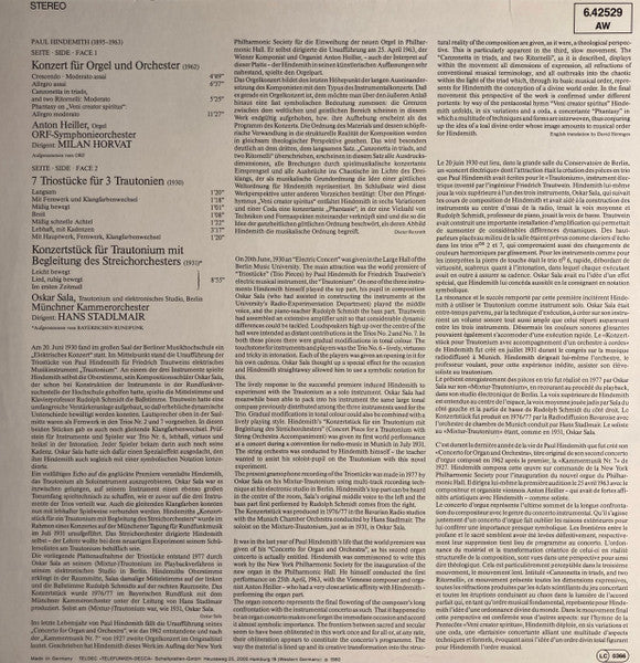 Paul Hindemith : Konzert Für Orgel / 7 Triostücke Für 3 Trautonien / Konzertstück Für Trautonium (LP)
