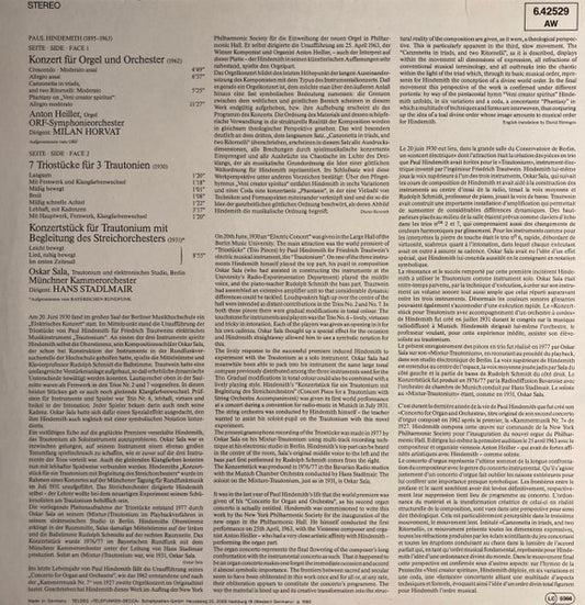 Paul Hindemith : Konzert Für Orgel / 7 Triostücke Für 3 Trautonien / Konzertstück Für Trautonium (LP)
