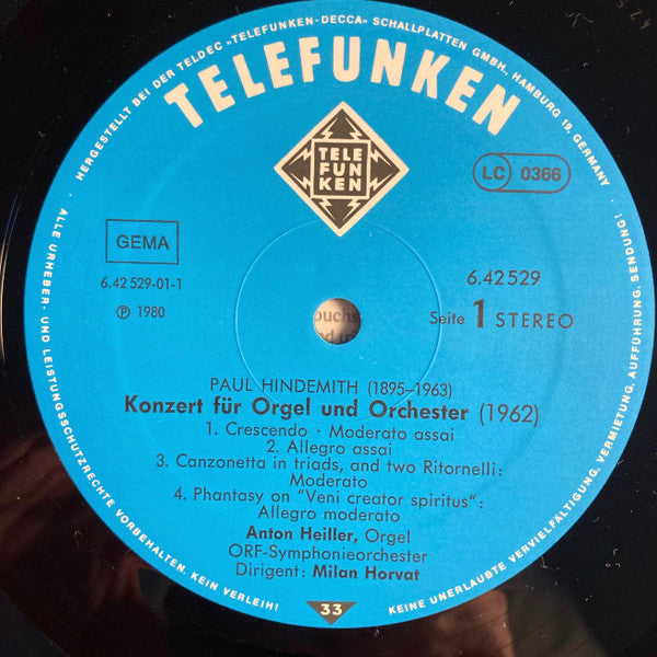 Paul Hindemith : Konzert Für Orgel / 7 Triostücke Für 3 Trautonien / Konzertstück Für Trautonium (LP)