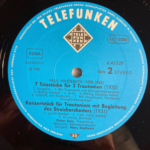 Paul Hindemith : Konzert Für Orgel / 7 Triostücke Für 3 Trautonien / Konzertstück Für Trautonium (LP)