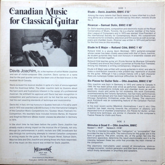 Davis Joachim : Canadian Music For Classical Guitar (LP)
