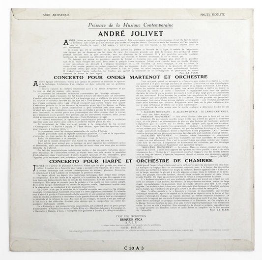 André Jolivet, Ginette Martenot, Lily Laskine, Orchestre National De L'Opéra De Paris : Concerto Pour Ondes Martenot Et Orchestre / Concerto Pour Harpe  Et Orchestre De Chambre (LP, Mono)