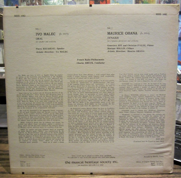 Ivo Malec / Maurice Ohana : Oral / Synaxis (LP)