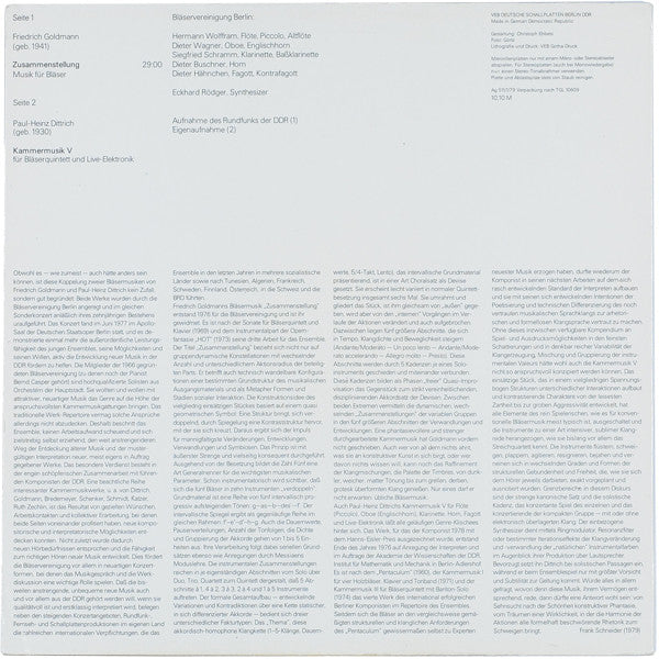 Friedrich Goldmann / Paul-Heinz Dittrich : Zusammenstellung Für Zehn Instrumente / Kammermusik Nr. 5 Für Bläserquintett Und Live-Elektronik (LP)