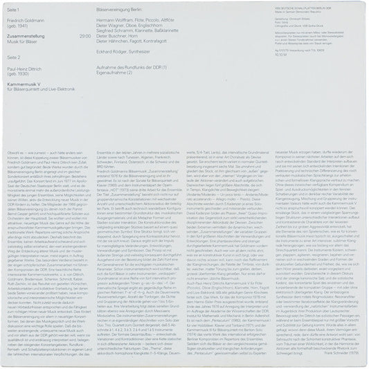 Friedrich Goldmann / Paul-Heinz Dittrich : Zusammenstellung Für Zehn Instrumente / Kammermusik Nr. 5 Für Bläserquintett Und Live-Elektronik (LP)