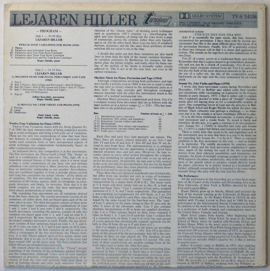 Lejaren Hiller - Roger Shields, Mark Sokol, Jeffery Kowalsky : Twelve-Tone Variations For Piano / Machine Music For Piano, Percussion And Tape / Sonata No. 3 For Violin And Piano (LP)