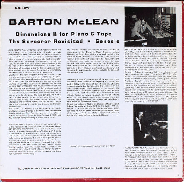 Barton McLean : Dimensions II For Piano & Tape / The Sorcerer Revisited / Genesis (LP)