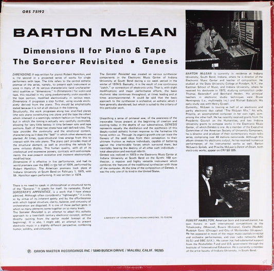 Barton McLean : Dimensions II For Piano & Tape / The Sorcerer Revisited / Genesis (LP)