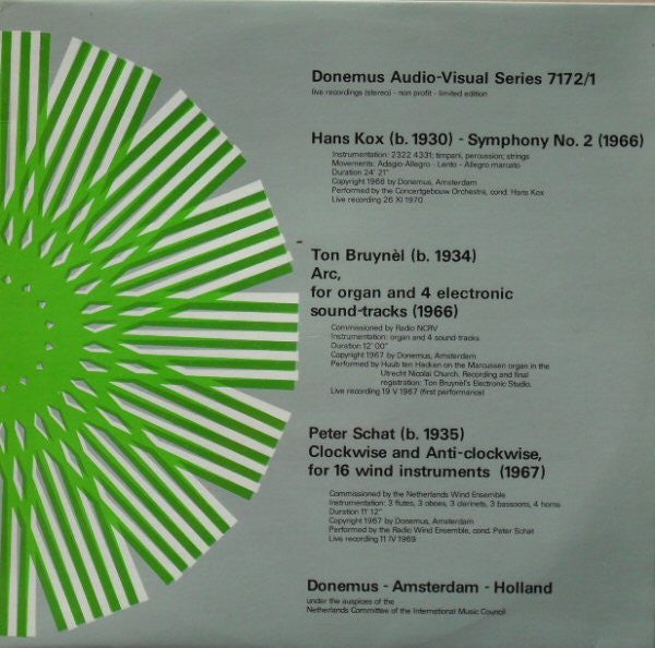 Hans Kox / Ton Bruynèl / Peter Schat : Symphony No. 2 / Arc, For Organ And 4 Electronic Sound-Tracks / Clockwise And Anti-Clockwise, For 16 Wind Instruments (LP, Ltd)