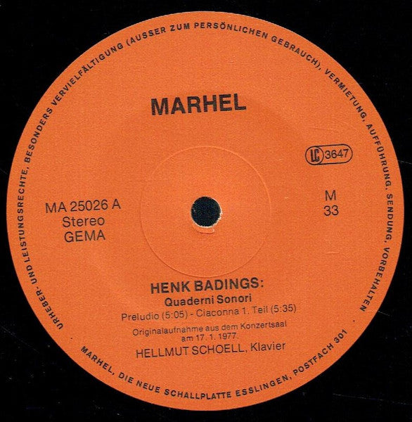 Henk Badings, Hellmut Schoell : Henk Badings Quaderni Sonori Helmut Schoell Klavier (10", Album, Gat)