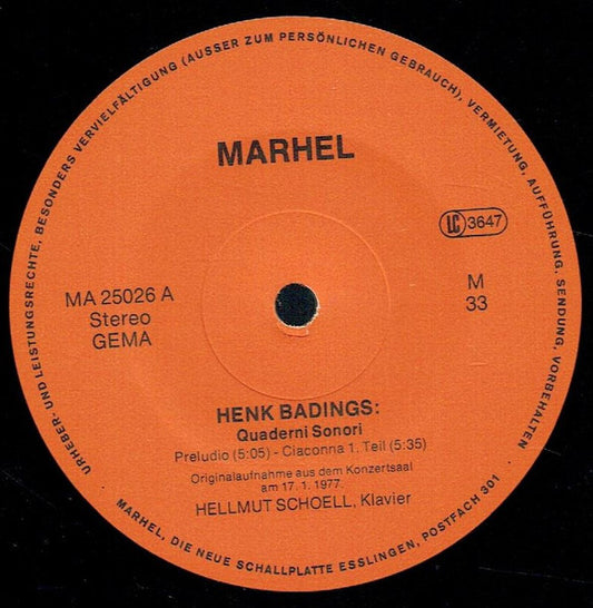 Henk Badings, Hellmut Schoell : Henk Badings Quaderni Sonori Helmut Schoell Klavier (10", Album, Gat)