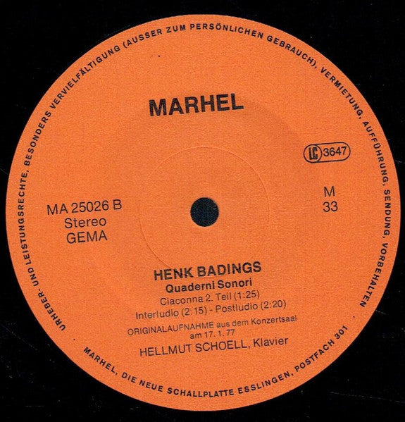 Henk Badings, Hellmut Schoell : Henk Badings Quaderni Sonori Helmut Schoell Klavier (10", Album, Gat)