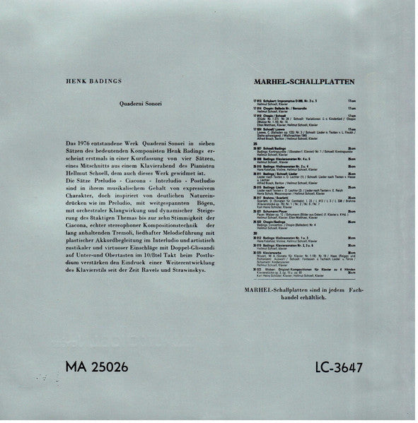 Henk Badings, Hellmut Schoell : Henk Badings Quaderni Sonori Helmut Schoell Klavier (10", Album, Gat)
