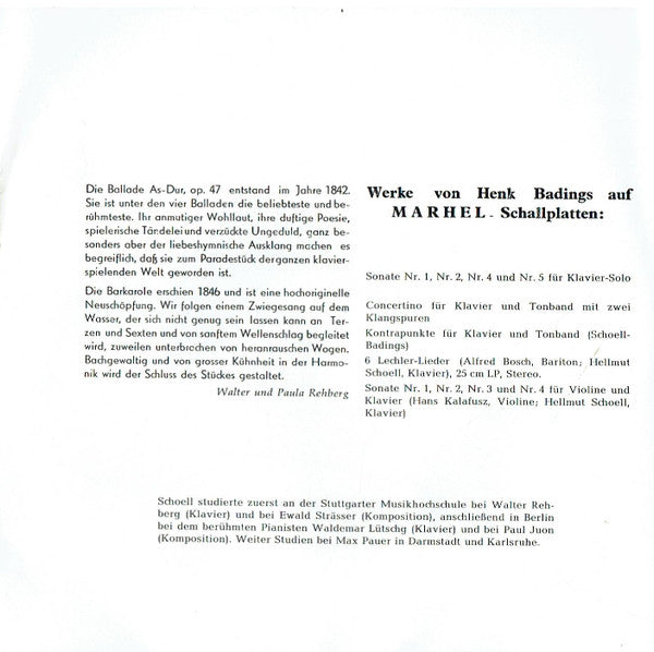 Frédéric Chopin - Hellmut Schoell : Ballade As-dur, Op. 47, Barkarole Fis-dur, Op. 60 (7", Single, Gat)