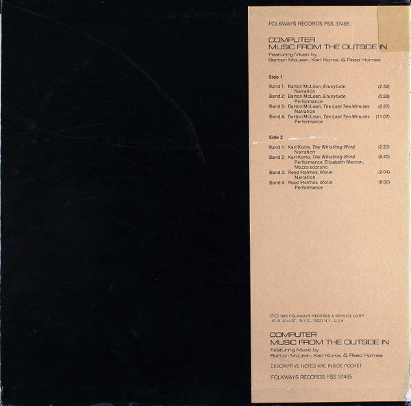 Barton McLean, Karl Korte  & Reed Holmes : Computer Music From The Outside In (LP)