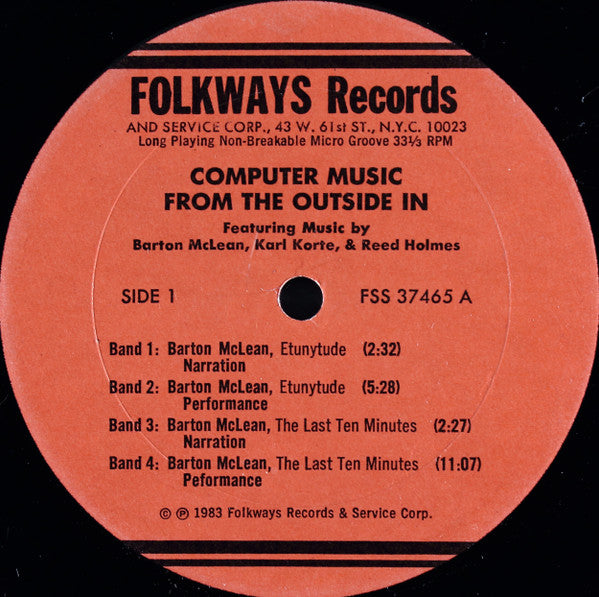 Barton McLean, Karl Korte  & Reed Holmes : Computer Music From The Outside In (LP)