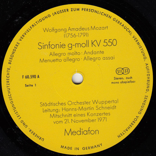 Wolfgang Amadeus Mozart & Günther Becker - Städtisches Orchester Wuppertal Leitung: Hanns-Martin Schneidt : Sinfonie Nr.40 G-Moll KV 550 / Transformationen (LP)