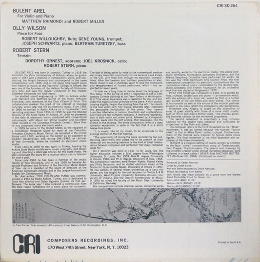 Bülent Arel / Olly Wilson / Robert Stern : For Violin & Piano / Piece For Four / Terezin (LP)