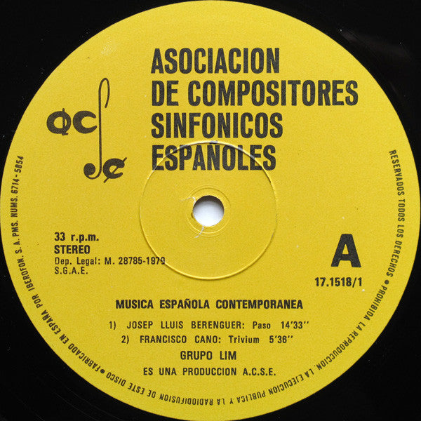 Laboratorio de Interpretación Musical - Josep Lluis Berenguer / Francisco Cano / Tomás Marco / Alfredo Aracil : Música Española Comtemporánea (LP)