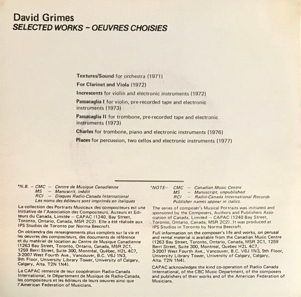 David Grimes : Portrait Musical (7")