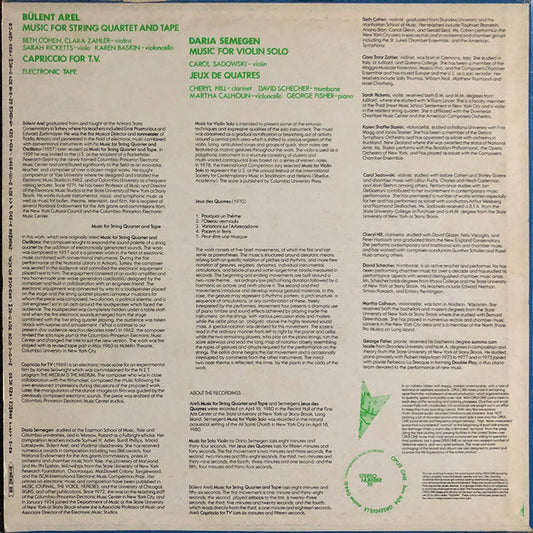 Bülent Arel / Daria Semegen : Music For String Quartet And Tape / Capriccio For T.V. / Jeux De Quatres / Music For Solo Violin (LP, Album)