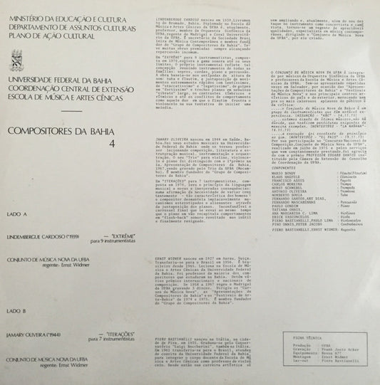 Lindembergue Cardoso, Jamary Oliveira, Conjunto De Musica Nova da UFBa, Ernst Widmer : Compositores Da Bahia 4 (LP, Album)