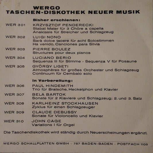 Luciano Berio : Sequenza Ill Für Stimme Solo / Sequenza V Für Posaune (7")