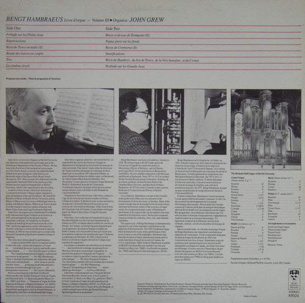 Bengt Hambraeus, John Grew : Livre D'Orgue -- Volume III (LP)