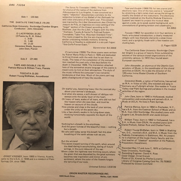 Ernst Krenek : Santa Fe Timetable / O Lacrymosa / Tape And Double / Accordion Toccata (LP)