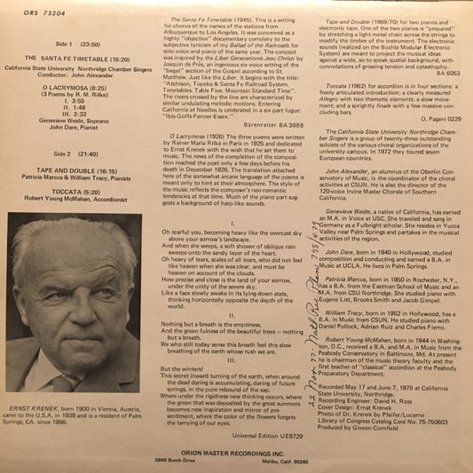 Ernst Krenek : Santa Fe Timetable / O Lacrymosa / Tape And Double / Accordion Toccata (LP)