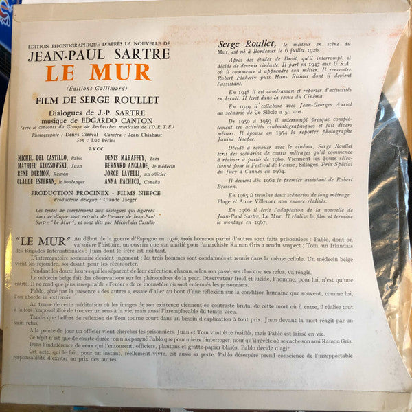 Jean-Paul Sartre  / Musique De  Edgardo Cantón : Le Mur - Film De Serge Roullet (LP, RE, Gat)