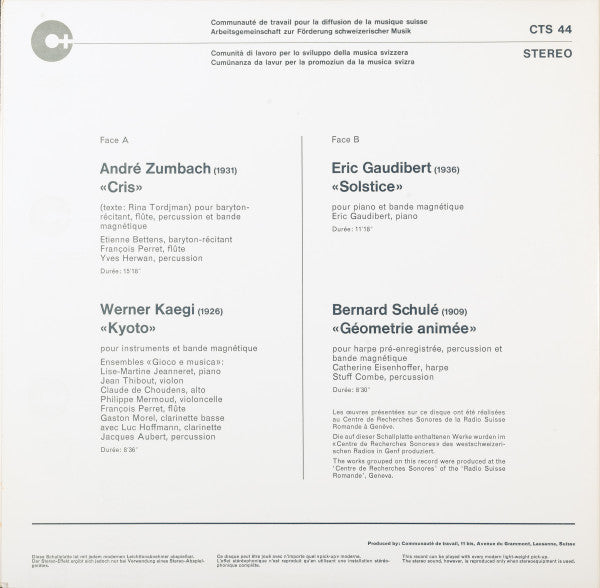 André Zumbach, Werner Kaegi, Eric Gaudibert, Bernard Schulé : Musiques Electro Acoustiques Et Instruments (LP)