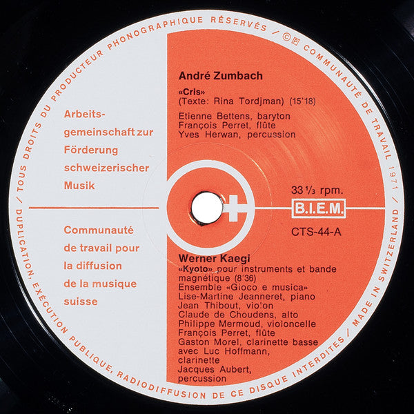 André Zumbach, Werner Kaegi, Eric Gaudibert, Bernard Schulé : Musiques Electro Acoustiques Et Instruments (LP)