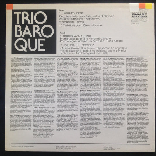 Trio Baroque  -  Maria Piech, Jan Poda, Marc Grauwels  -  Jacques Ibert, Gordon Jacob, Bohuslav Martinů, Joanna Bruzdowicz : Trio Baroque (LP, Album)