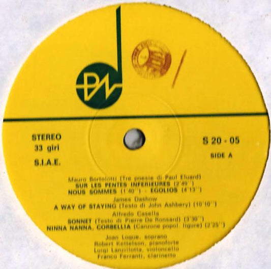 Joan Logue - Mauro Bortolotti, James Dashow, Alfredo Casella, Ruggero Lolini, Dimitri Nicolau, Daniele Lombardi : Joan Logue (LP, Album)