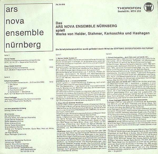 Ars Nova Ensemble Nürnberg Spielt Werke Von Werner Heider / Klaus Hinrich Stahmer / Erhard Karkoschka / Klaus Hashagen : Heider Stahmer Karkoschka Hashagen (LP, Album)