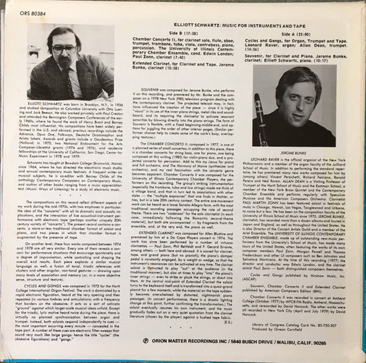 Elliott Schwartz : Music For Instruments & Tape (LP)