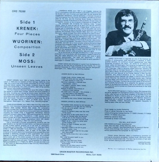 Ernst Krenek, Charles Wuorinen, Lawrence Moss, James Ostryniec : Four Pieces / Composition / Unseen Leaves (LP, Album)