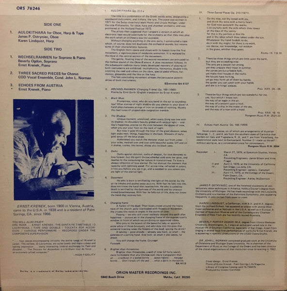 Ernst Krenek : Aulokithara / Wechselrahmen / Three Sacred Pieces / Echoes From Austria (LP)