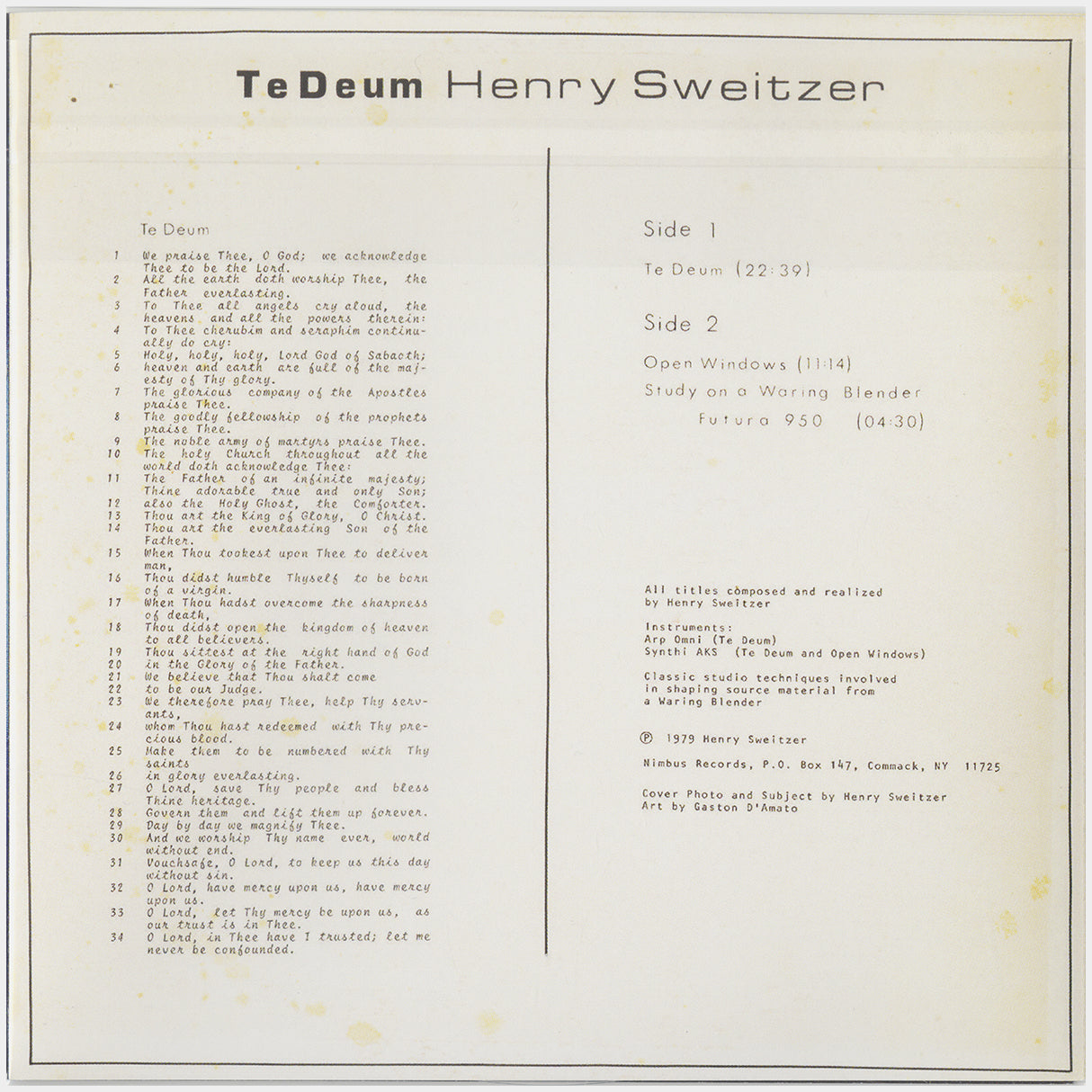 [CP 179 CD] Henry Sweitzer; Te Deum: An Electronic Realization