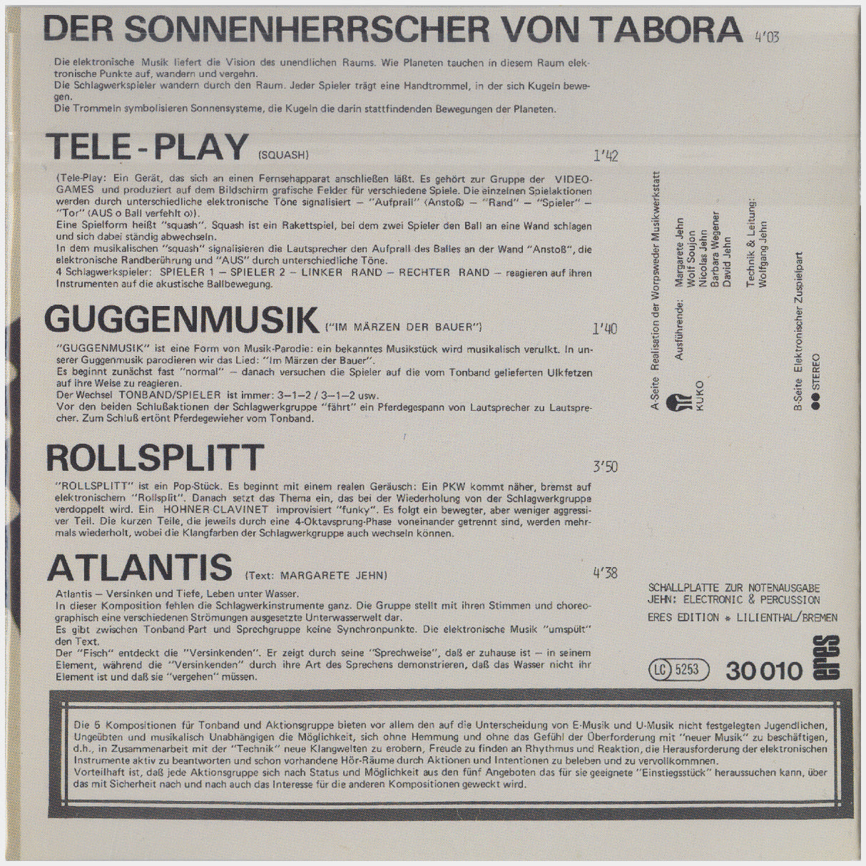 [CP 281.07 CD] Wolfgang Jehn; Electronic & Percussion, 5 Kompositionen Für Tonband & Aktions-Gruppe