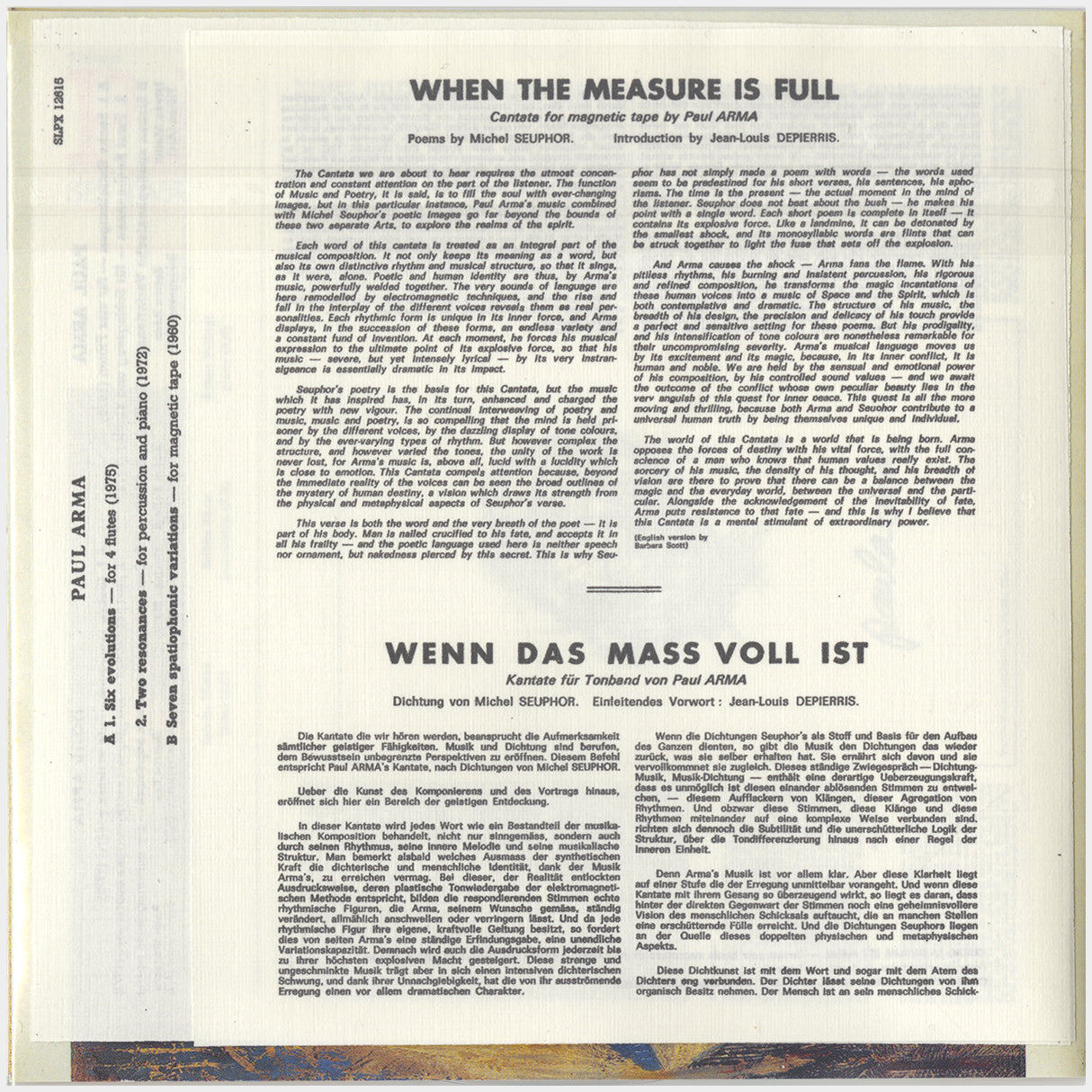 [CP 286 CD] Paul Arma; Quand La Mesure Est Pleine, Cantate Pour Bande Magnétique, Sept Variations Spatiophoniques